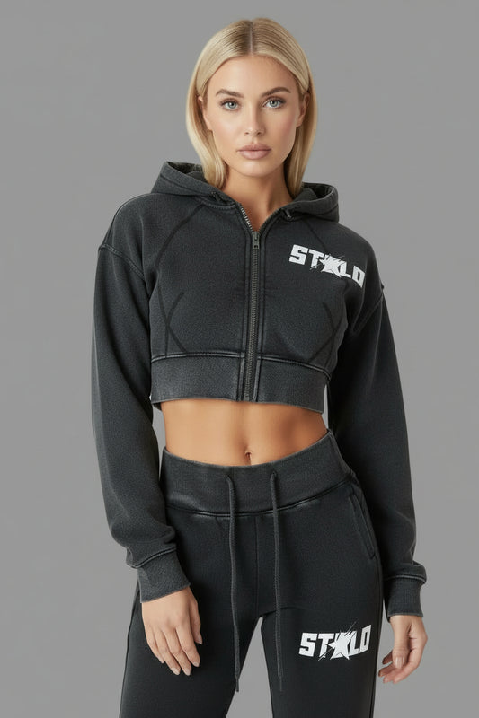 Stolo Clothing Co STARCHILD Vintage Washed Fleece Cropped Double Zip Up Detachable Hoodie