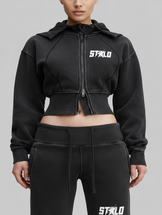 Stolo Clothing Co STARCHILD Vintage Washed Fleece Cropped Double Zip Up Detachable Hoodie