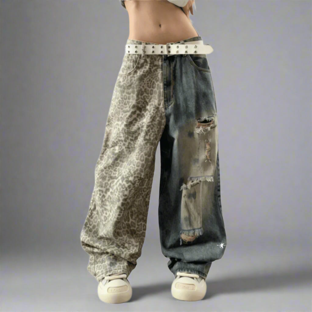 Stolo Clothing Co STARCHILD Back Print Washed Distressed Leopard Print Ripped Baggy Denim Jeans