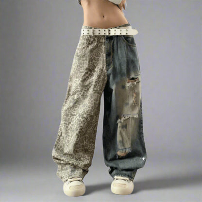 Stolo Clothing Co STARCHILD Back Print Washed Distressed Leopard Print Ripped Baggy Denim Jeans