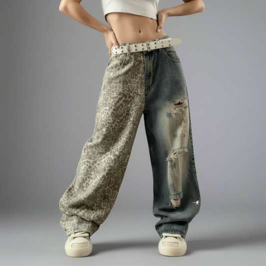 Stolo Clothing Co STARCHILD Back Print Distressed Leopard Print Baggy Denim Jeans