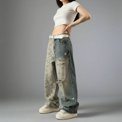 Stolo Clothing Co Half Leopard Print x STARCHILD Back Print Distressed Baggy Denim Jeans
