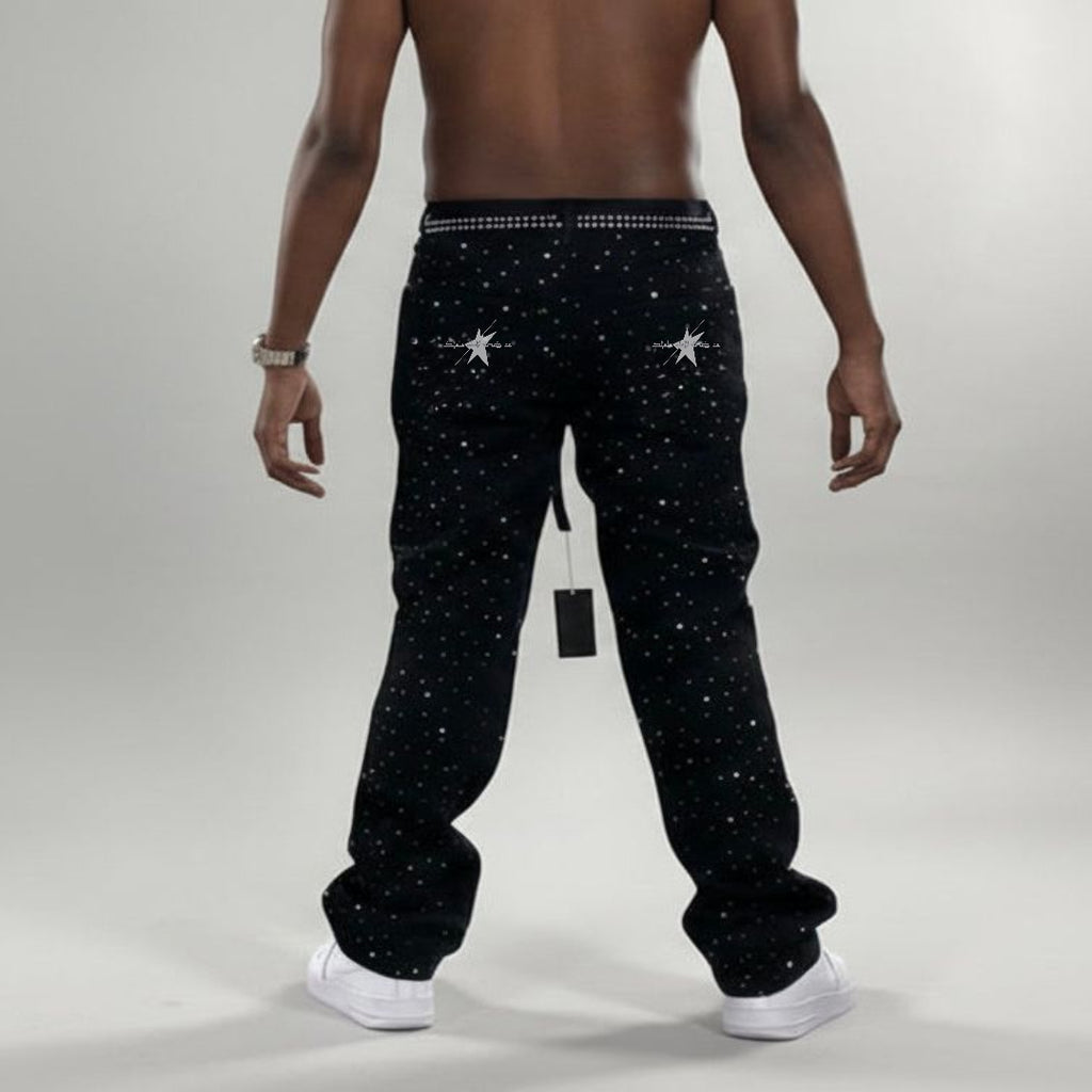 Stolo Clothing Co STARCHILD Unisex Full Rhinestone Loose Fit Straight Leg Denim Jeans w/ Diamond Belt