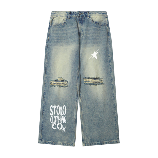 Stolo Clothing Co Starz Distressed Washed Wide-Fit Baggy Denim Jeans