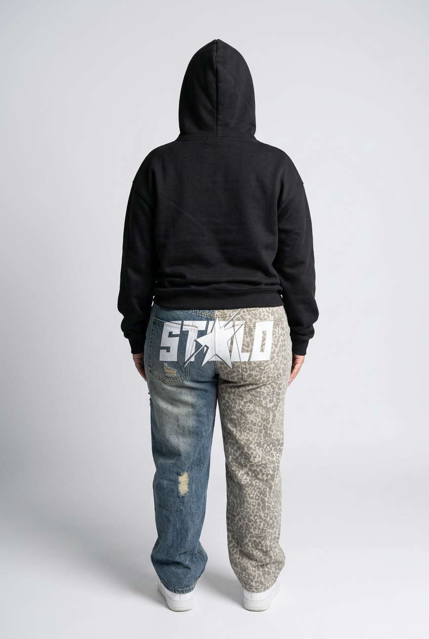 Back studio product photo showing hoodie and split-panel jeans