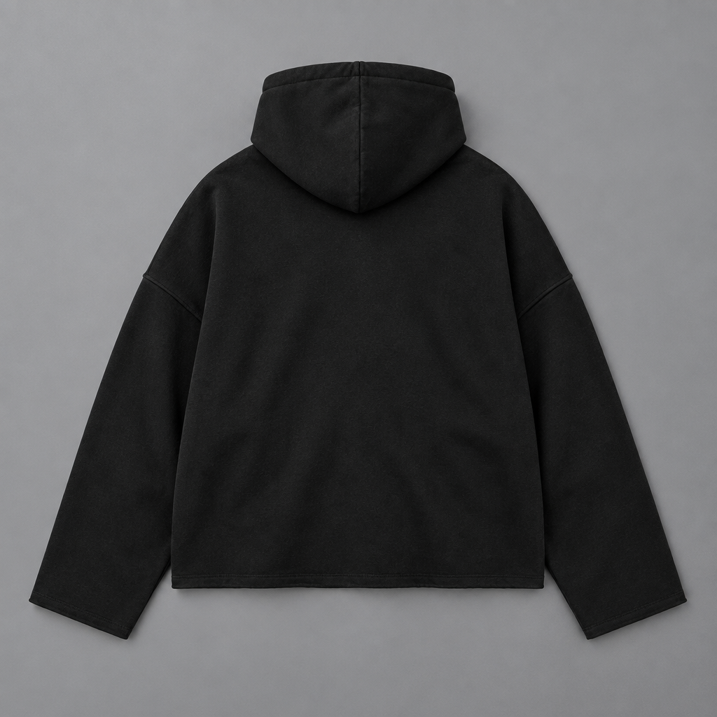 Back-view hoodie flat lay on a grey studio background