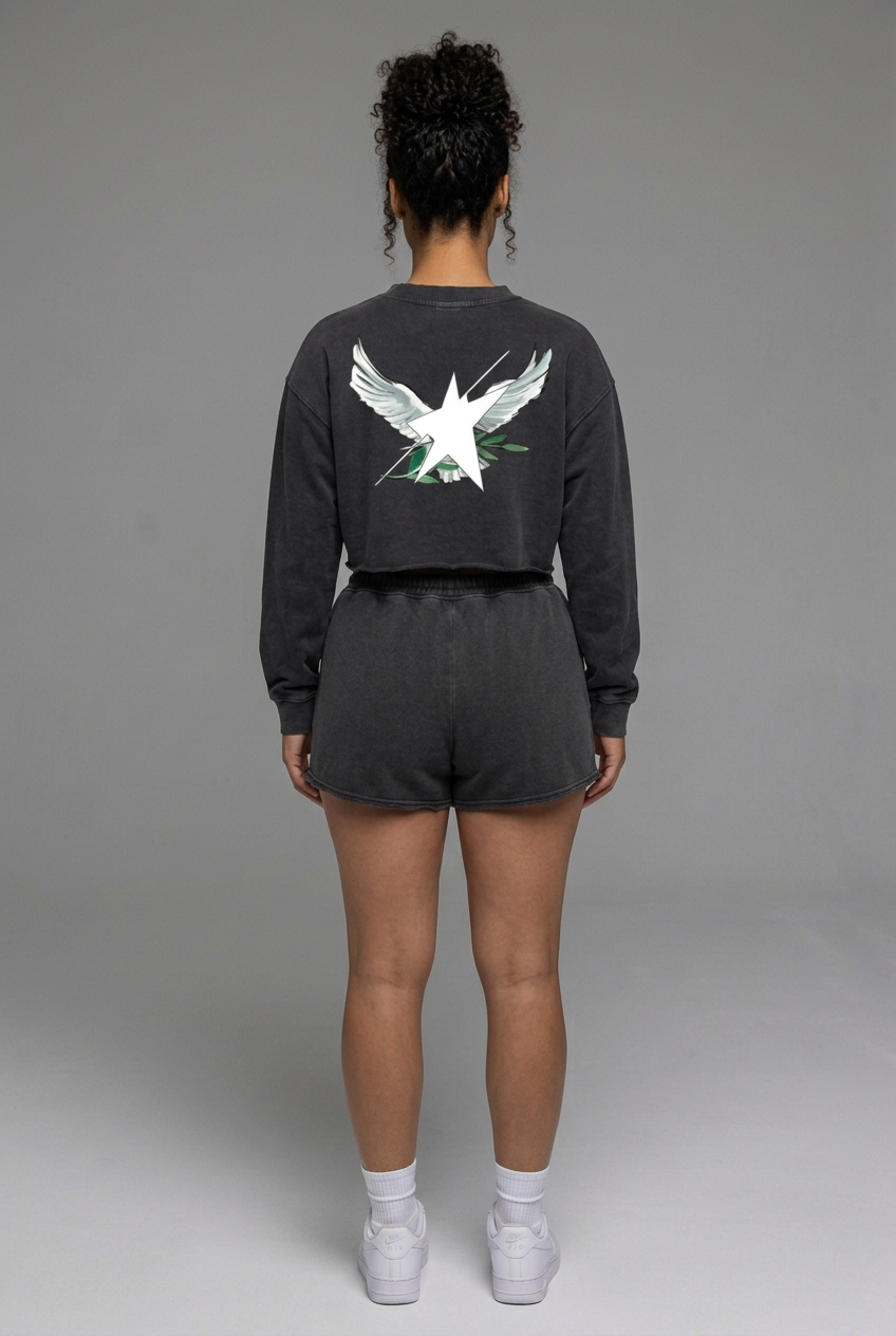 Back view of curvy adult model wearing the charcoal Birdies set