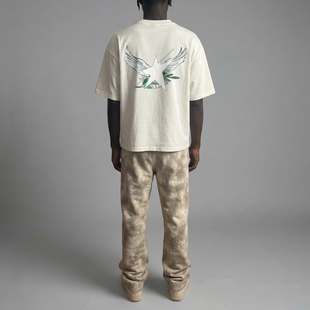 Back view of model in cream Birdies tee and beige pants