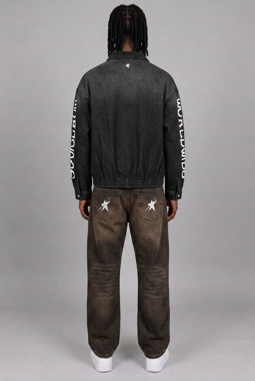 Back-view product shot with logos on both jeans pockets
