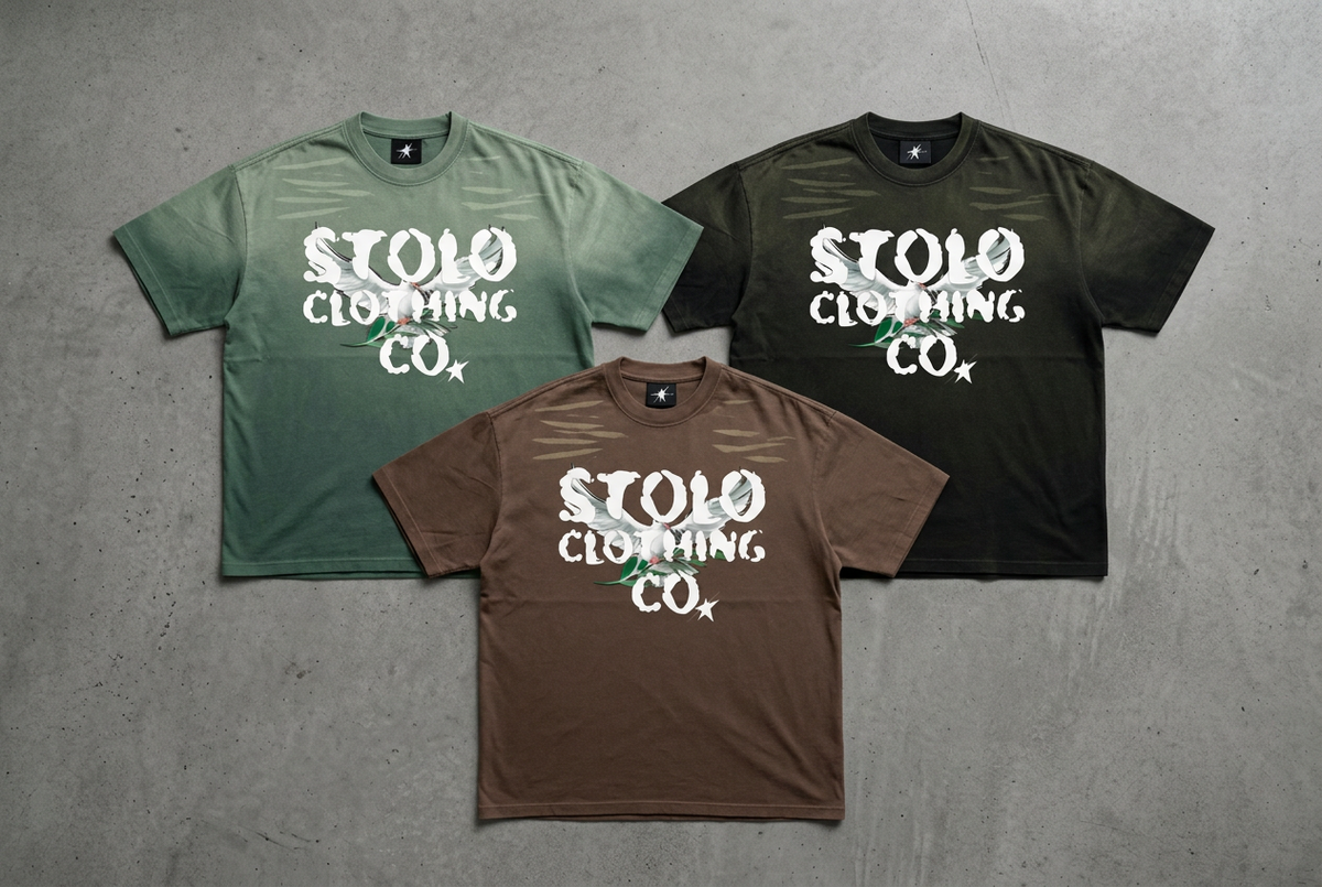 Birdies Tiger Stripes tees in all three colorways on grey floor