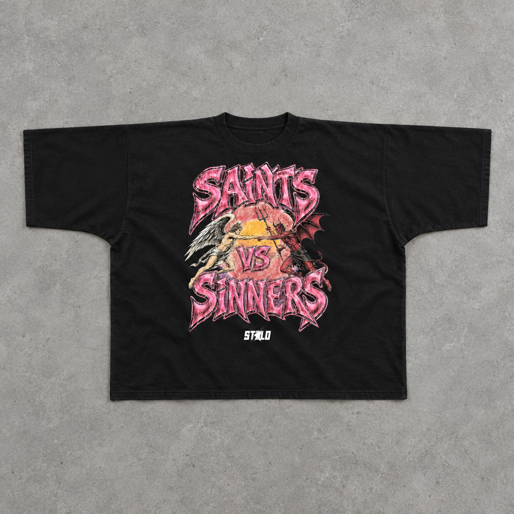 Black boxy Saints vs Sinners tee flat lay