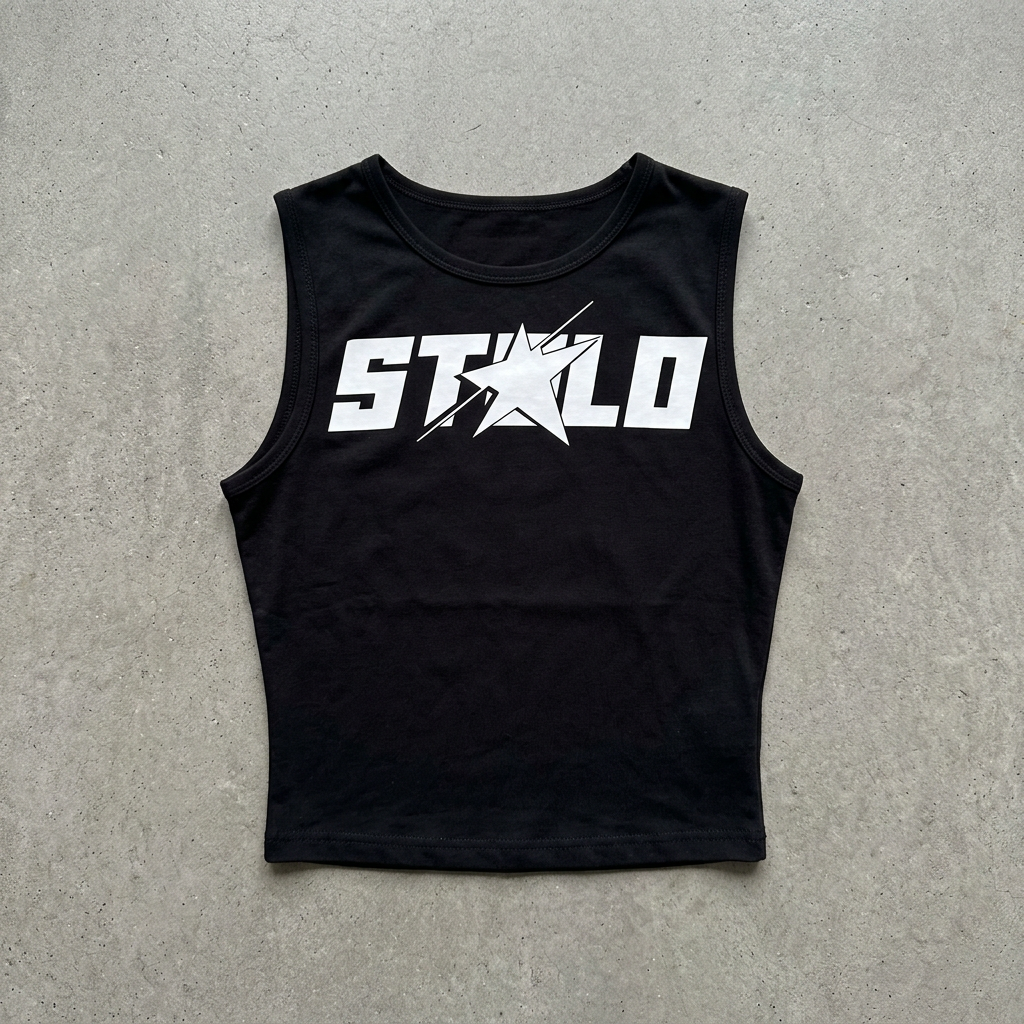 Black fitted Starchild crop tee on grey floor