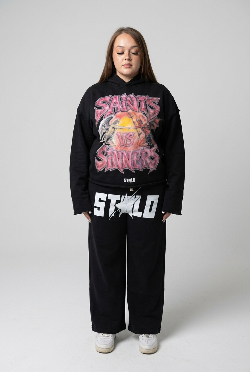 Black graphic outfit front studio product photo
