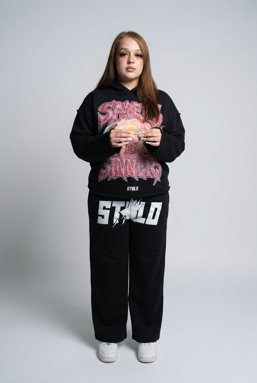 Black graphic outfit, full-body studio photo