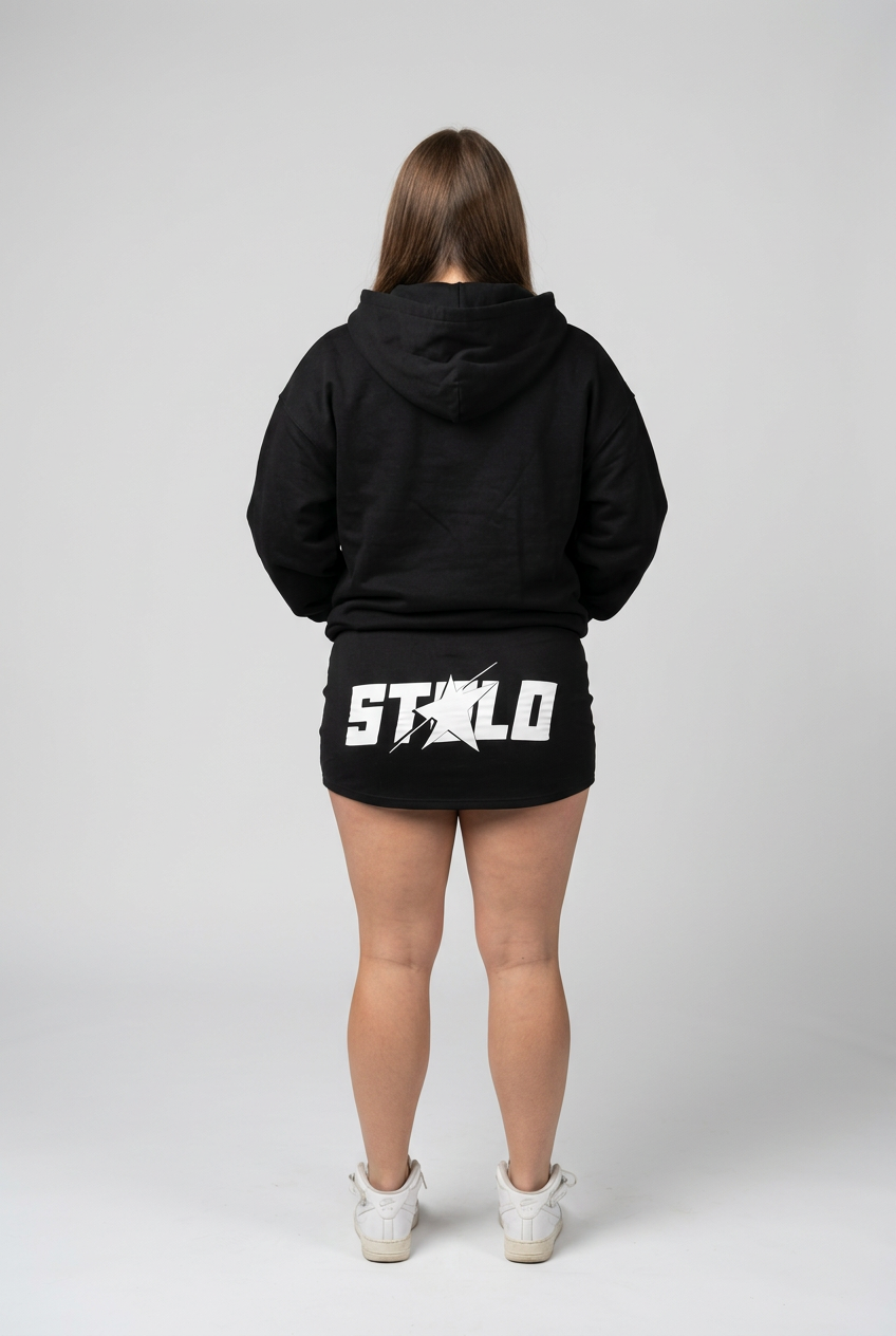 Black hoodie and skirt back studio redo