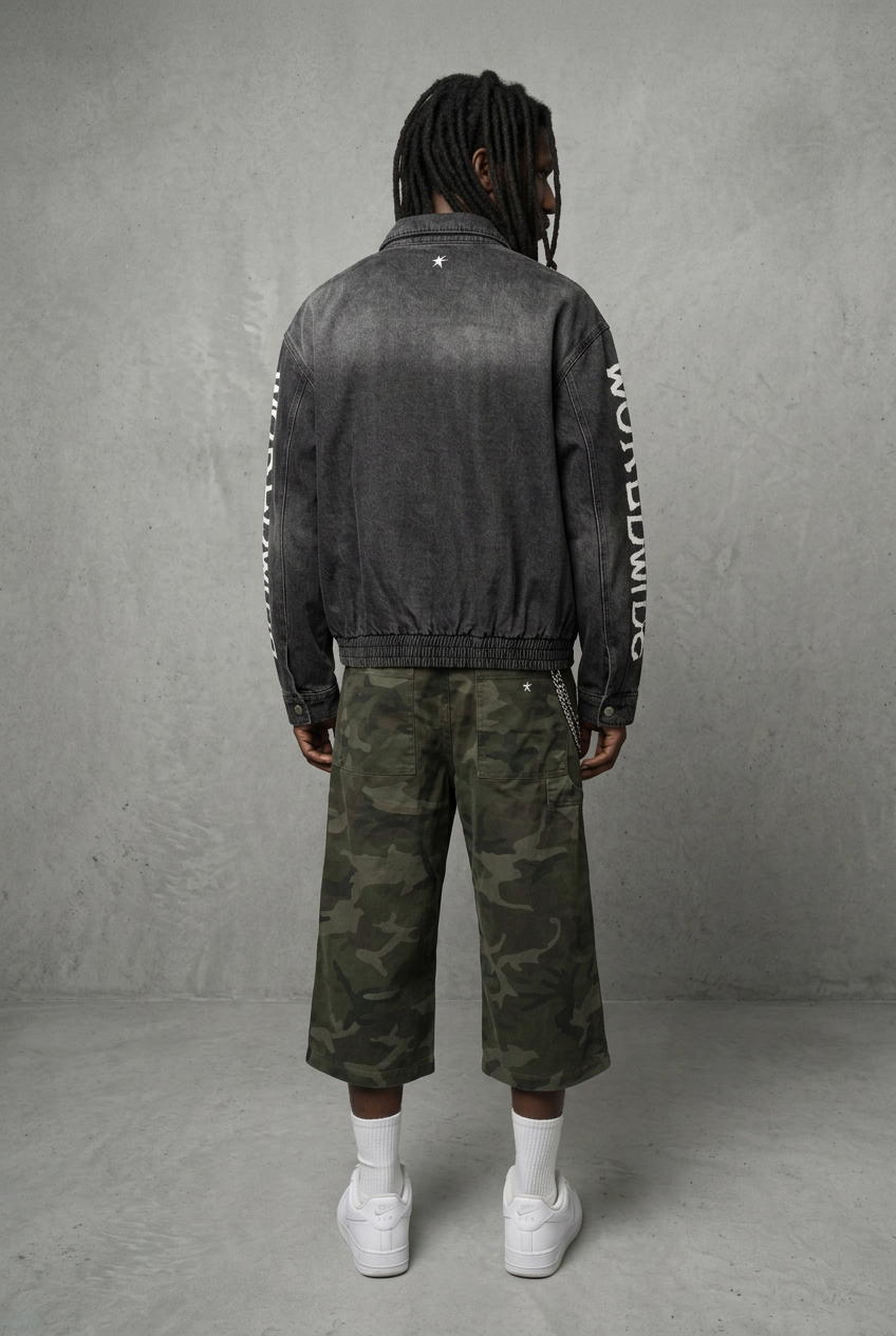 Black jacket back with camo shorts