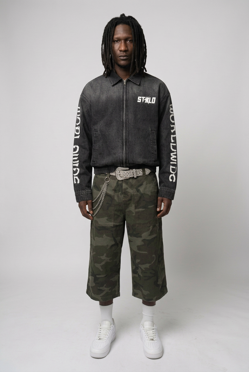 Black jacket front with camo shorts