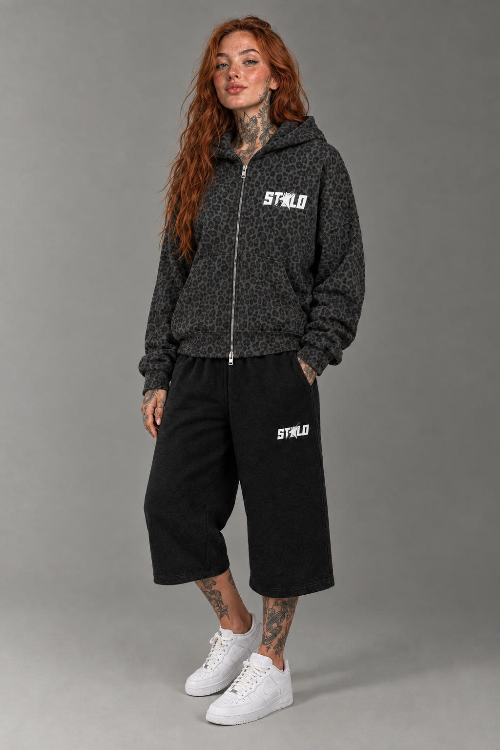 Black leopard hoodie with the extra zipper hardware removal requested