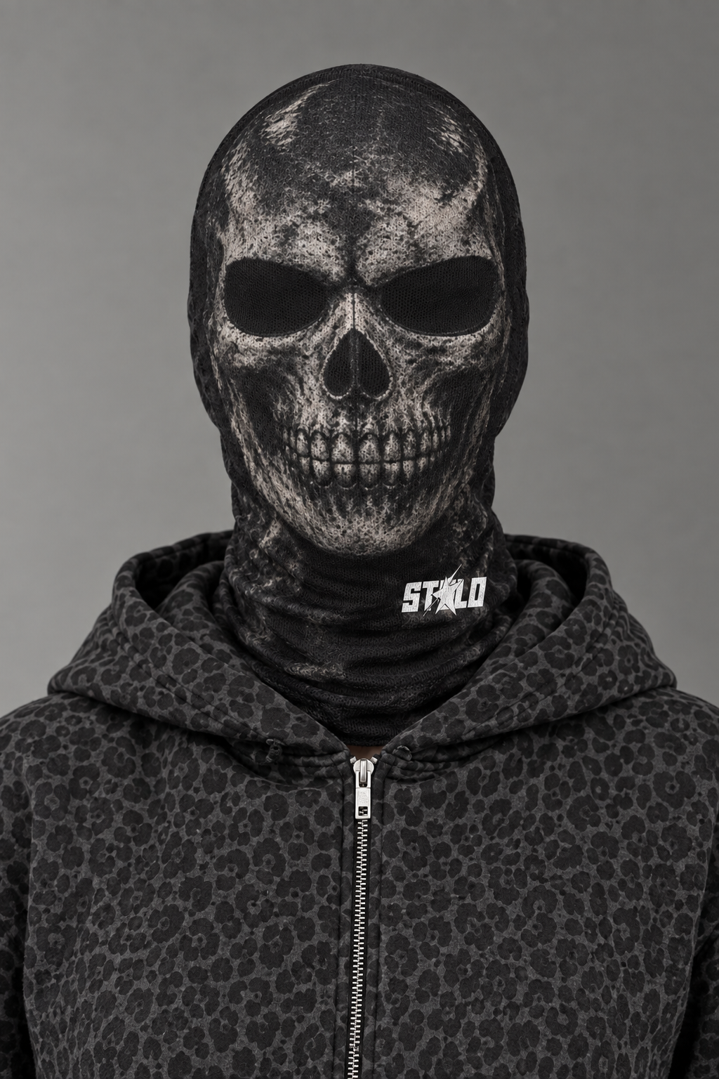 Black printed skull mesh mask on the model