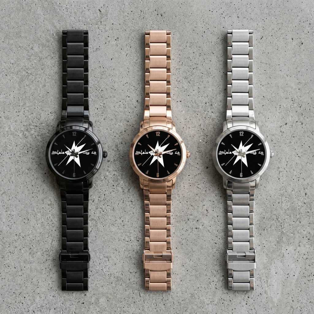 Black, rose-gold, and silver STOLO watches together