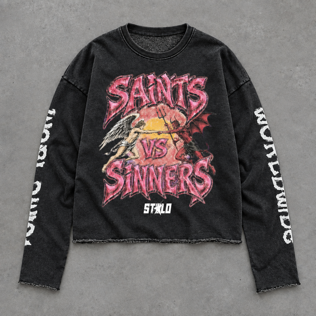 Black Saints vs Sinners crewneck front flat lay