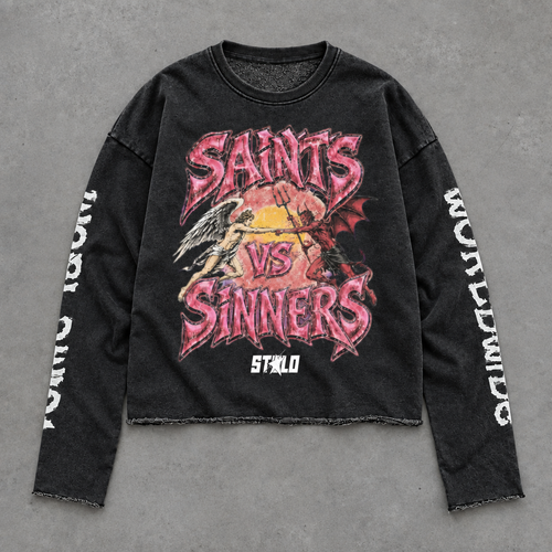 Black Saints vs Sinners crewneck front flat lay