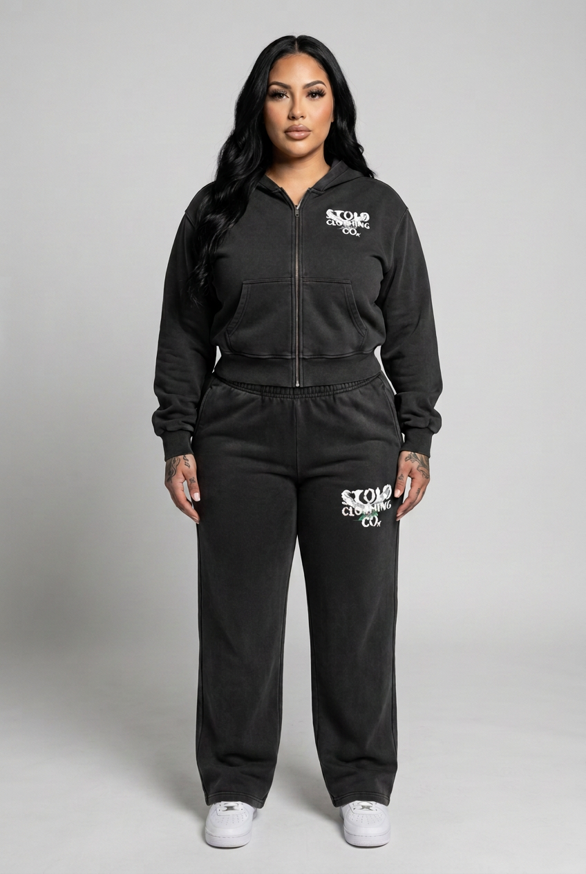 Black set front view with Indigenous Latina model styling