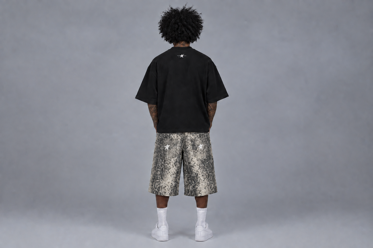 Black-shirt back view with the jorts logo restored