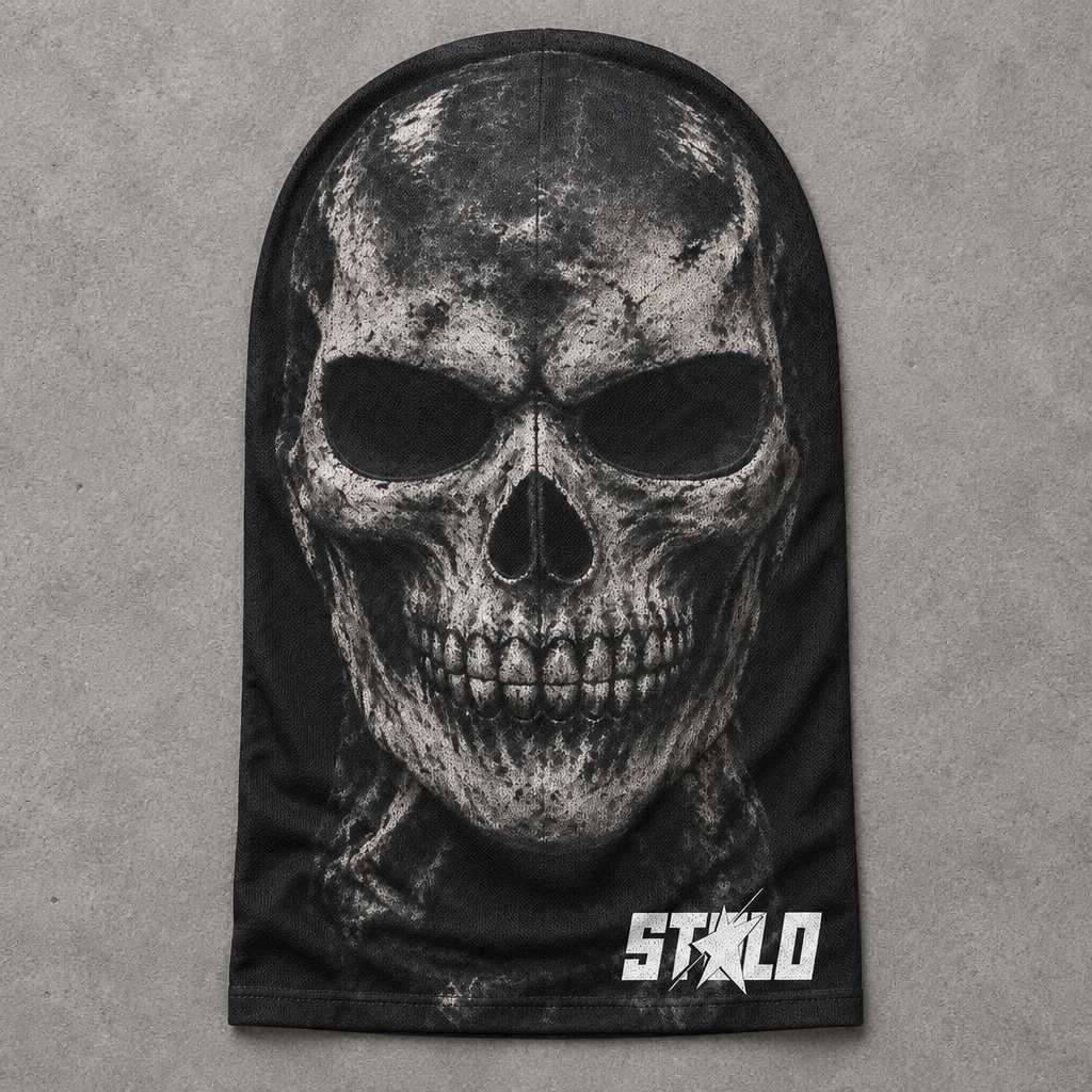 Black skull mesh mask gray-studio flat lay