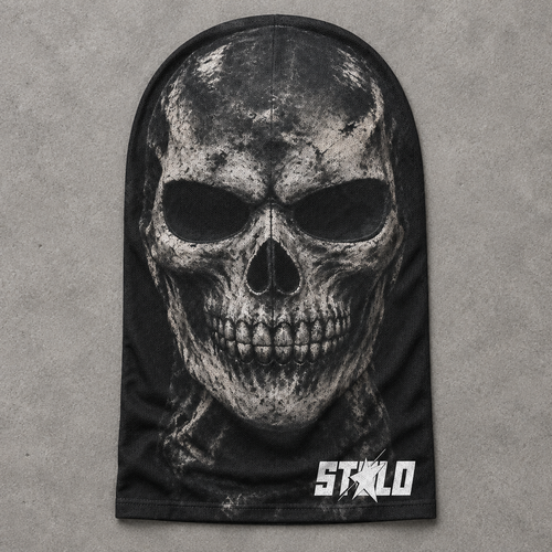 Black skull mesh mask gray-studio flat lay