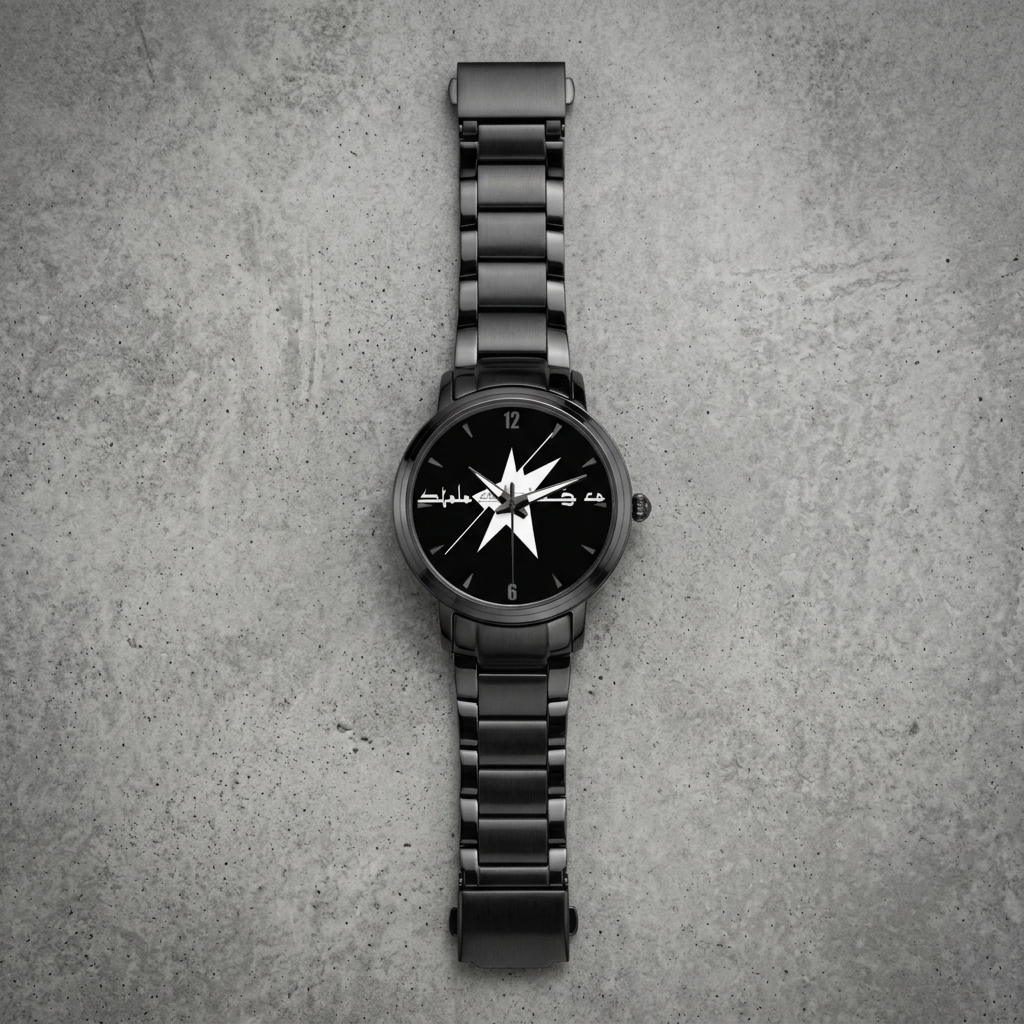 Black STOLO automatic watch floor flat lay