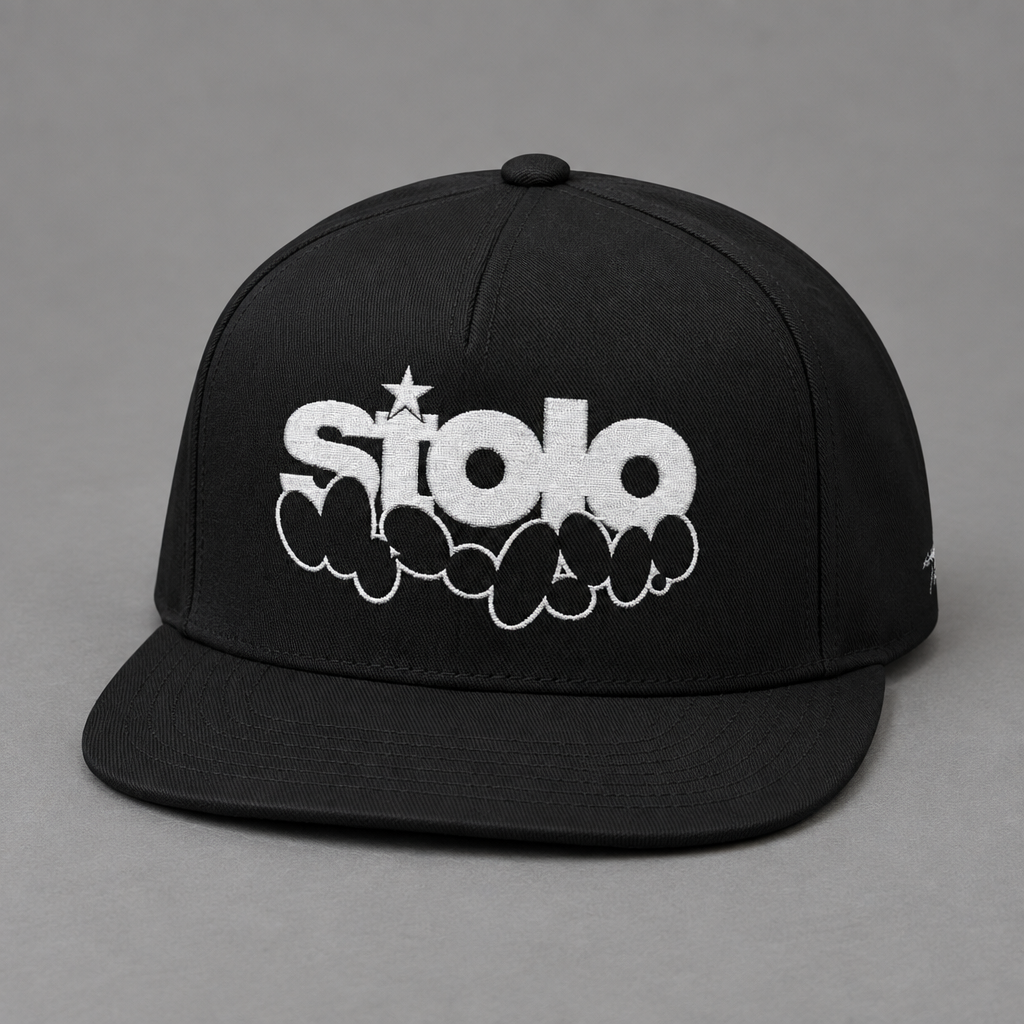 Black STOLO hat on a grey studio floor