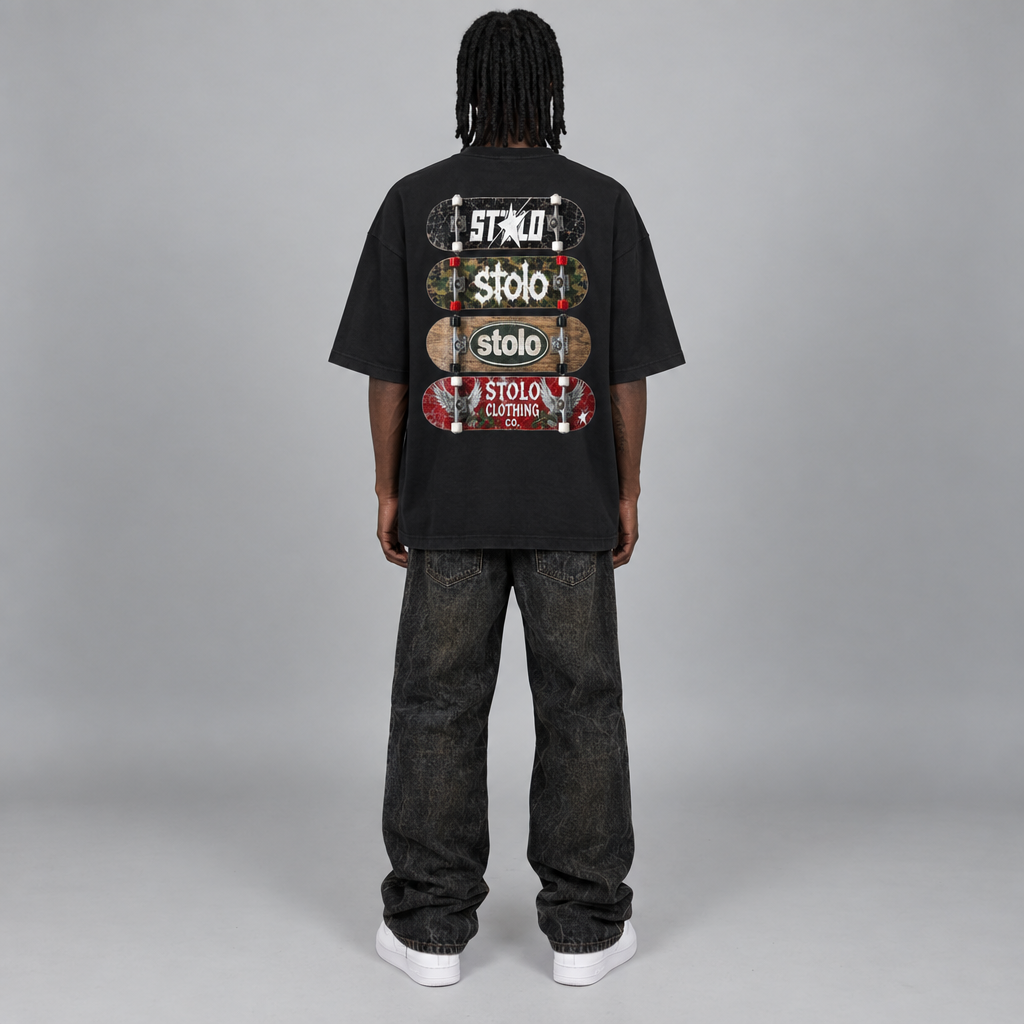 Black STOLO skateboard tee back view