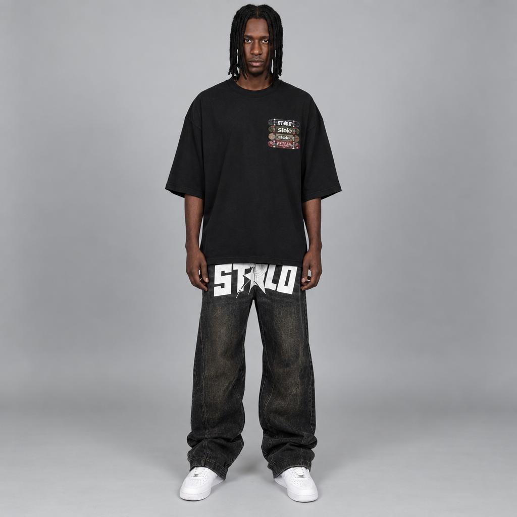 Black STOLO skateboard tee front view