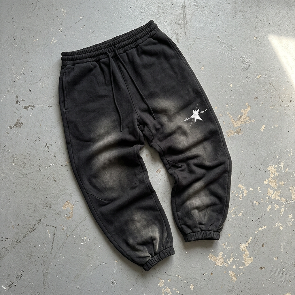Black sun-faded joggers scrunched floor preview