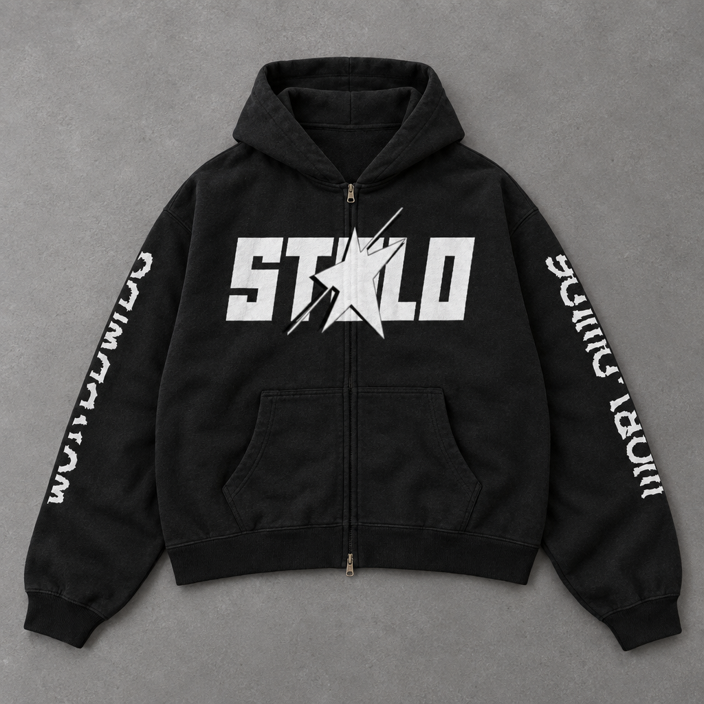 Black zip hoodie on grey studio floor