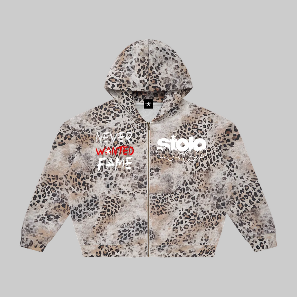 Stolo Clothing Co SKATE X R.T.K NEVER WANTED FAME Vintage Wash Leopard Full Zip Hoodie