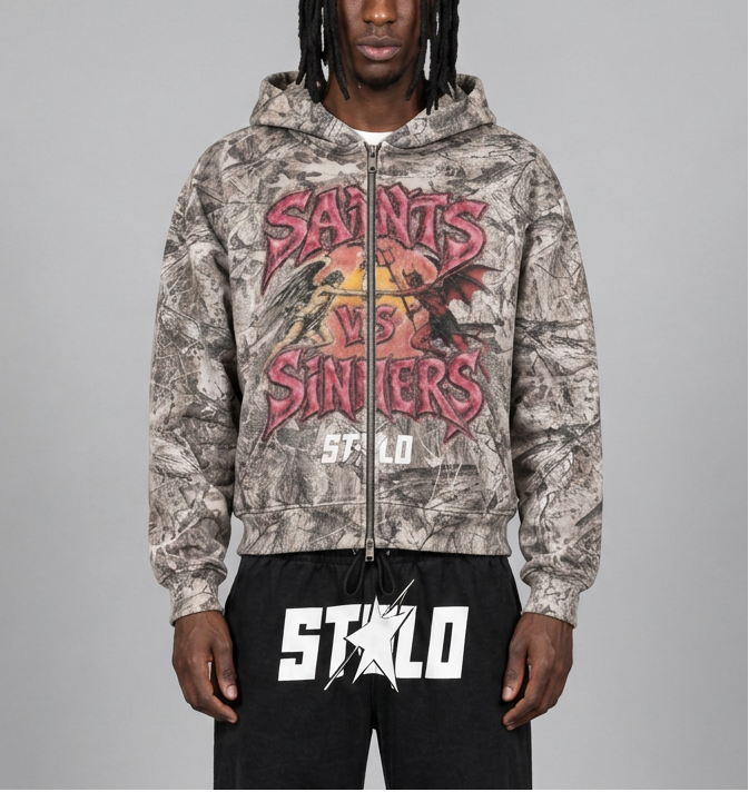 Camo hoodie and sweats, studio close-up