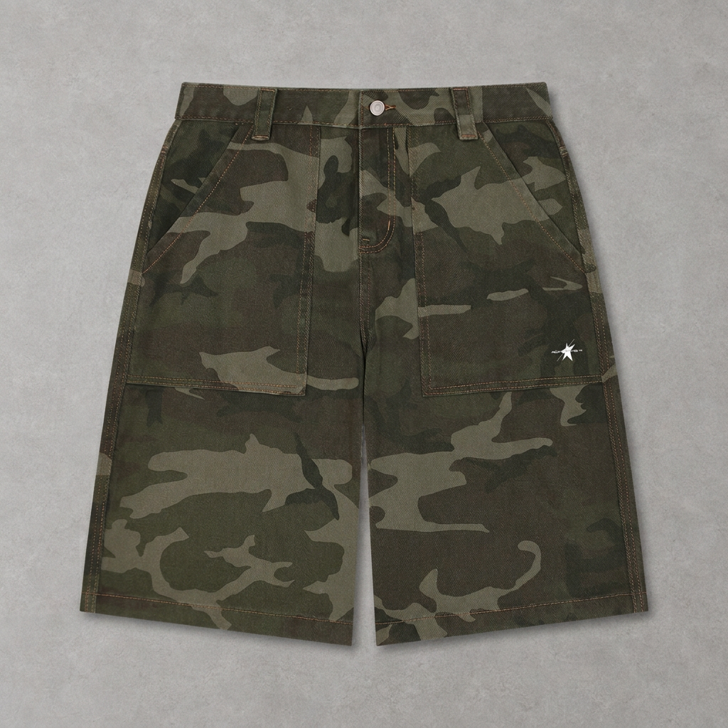 Camo shorts laid on grey concrete floor