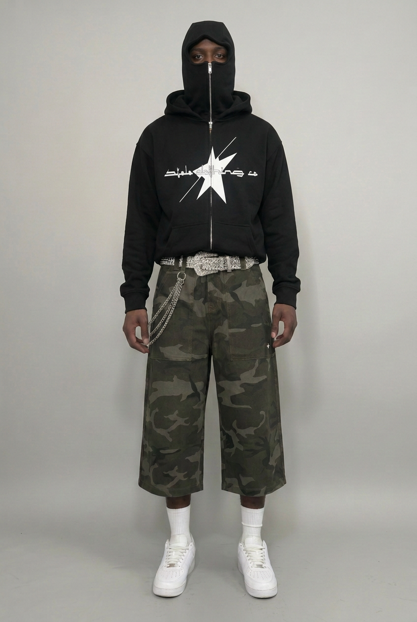 Camo-shorts outfit with hoodie logo correction using the supplied product reference