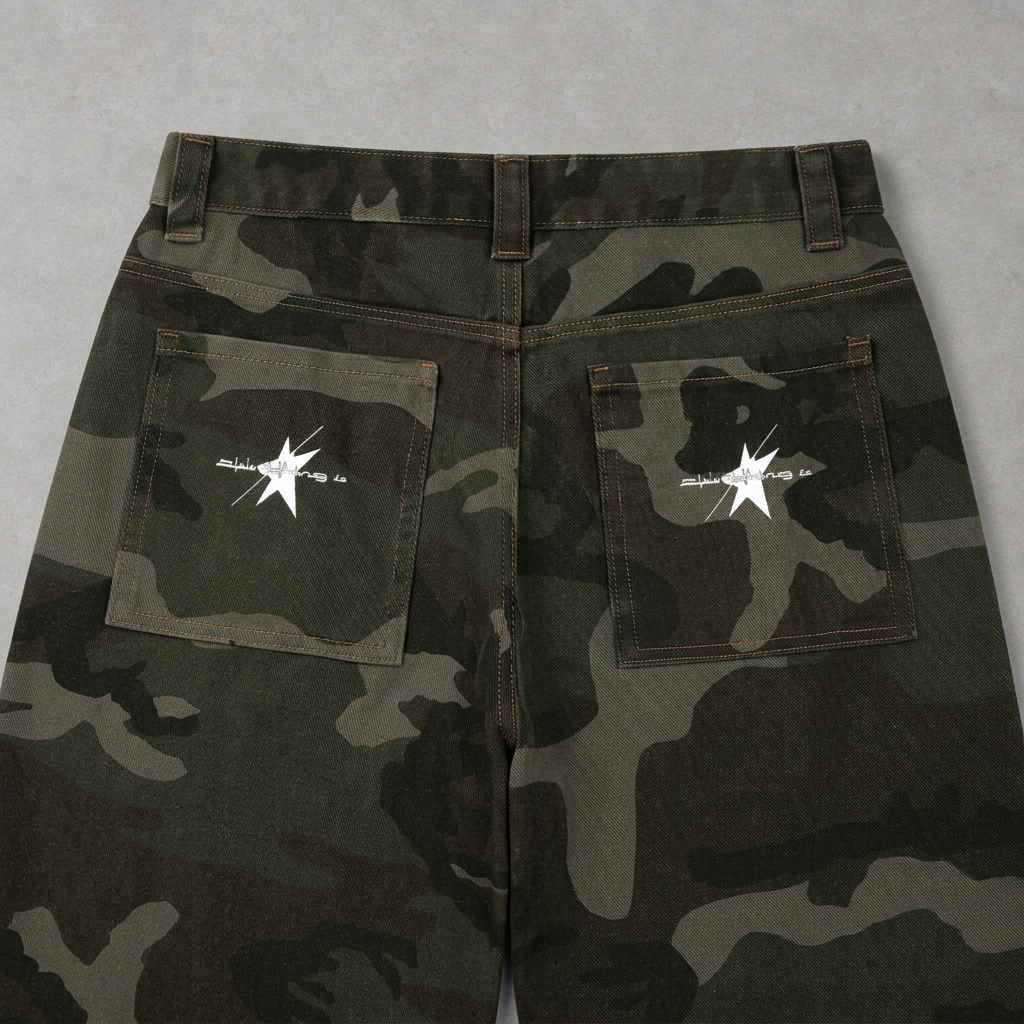 Camo shorts rear star pockets close-up on concrete