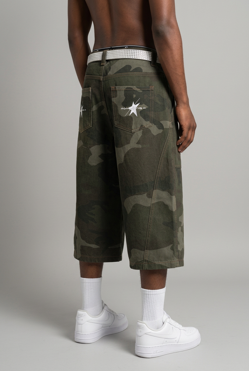 Camo shorts rear three-quarter view showing wide fit and star pockets