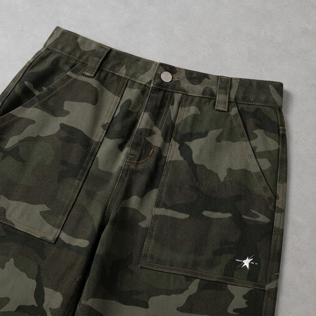 Camo shorts waistband and stitching close-up on concrete