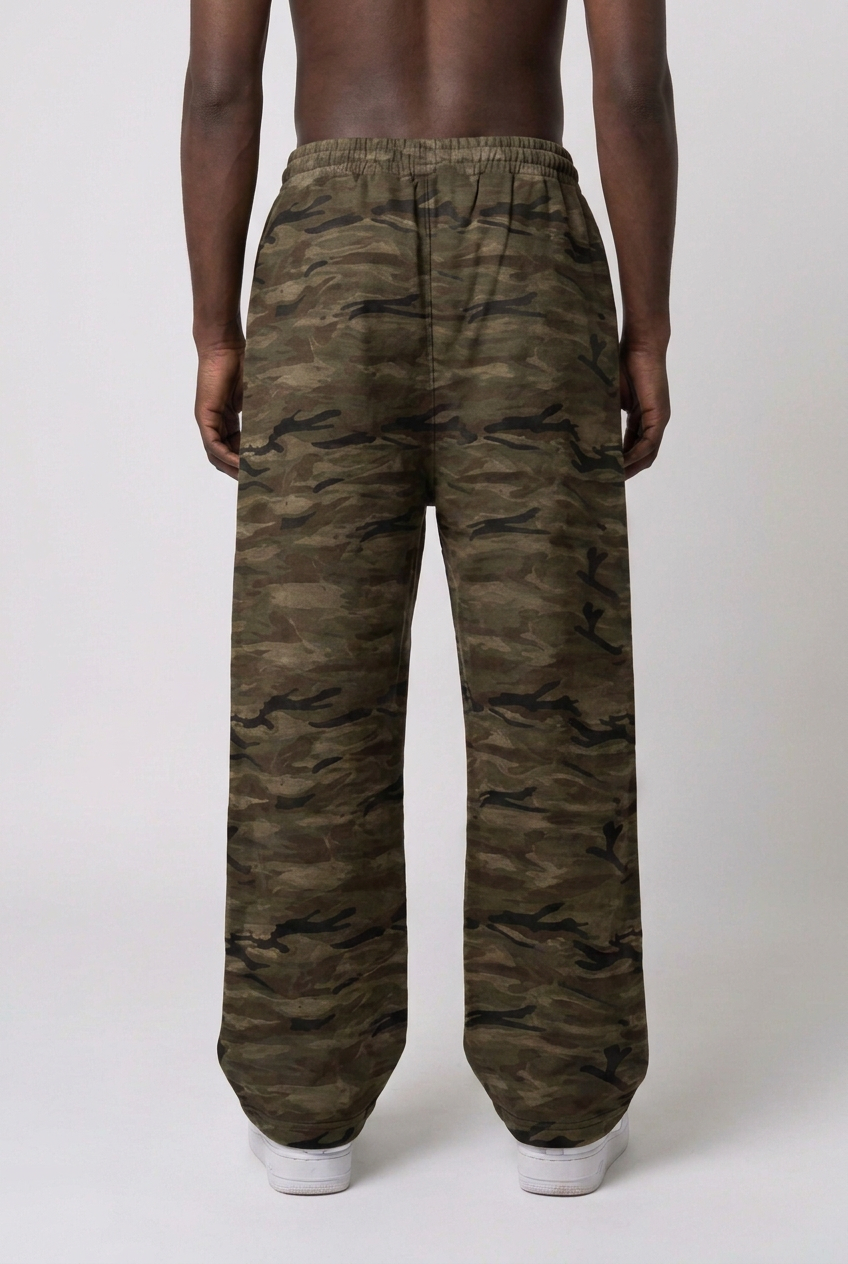 Camo sweatpants back view, waist to shoes