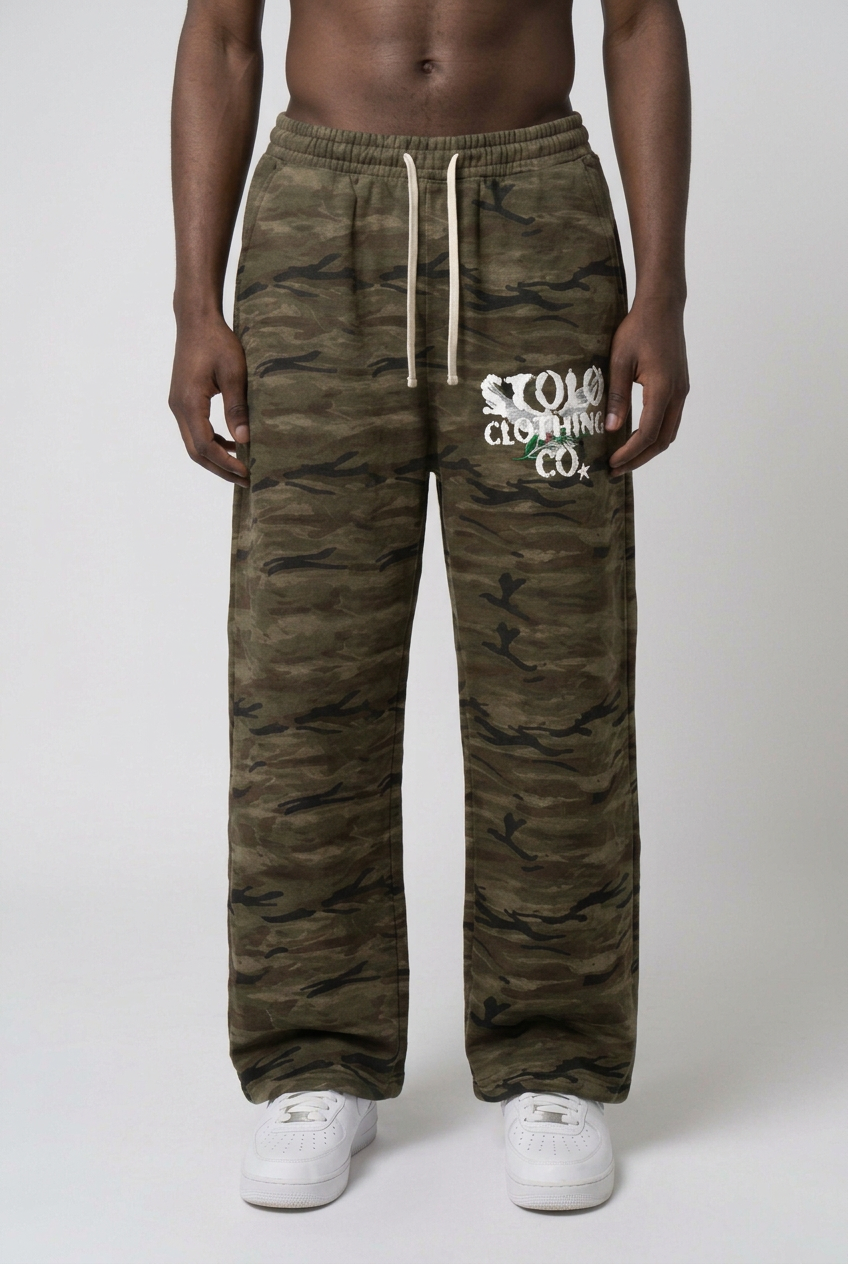Camo sweatpants front view, waist to shoes