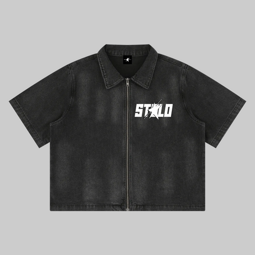 Stolo Clothing Co STARCHILD REBORN  Sun Faded Vintage Washed Full-Zip Denim Tee Shirt