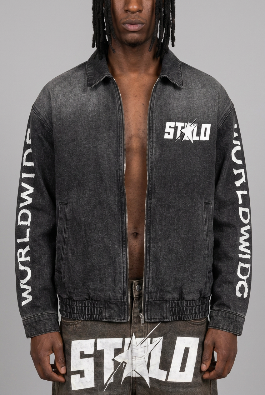 Close-up of open STOLO denim jacket on model