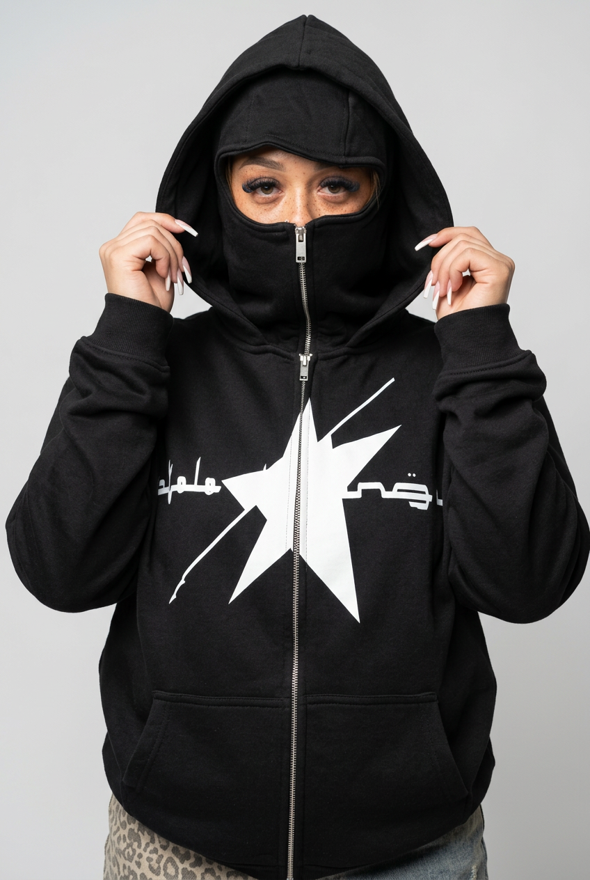 Close-up studio product portrait of the mask hoodie