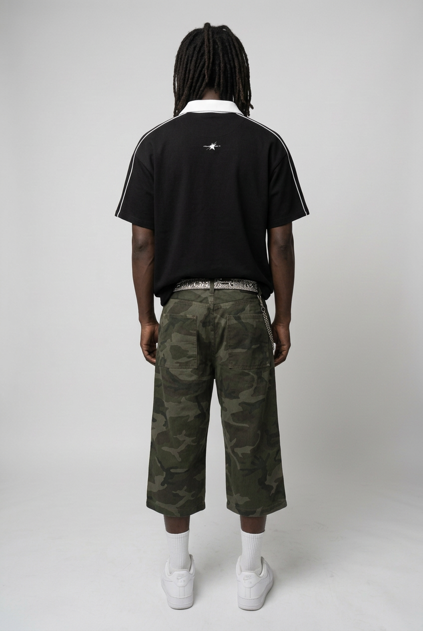 Contrast-collar polo back view with camo shorts