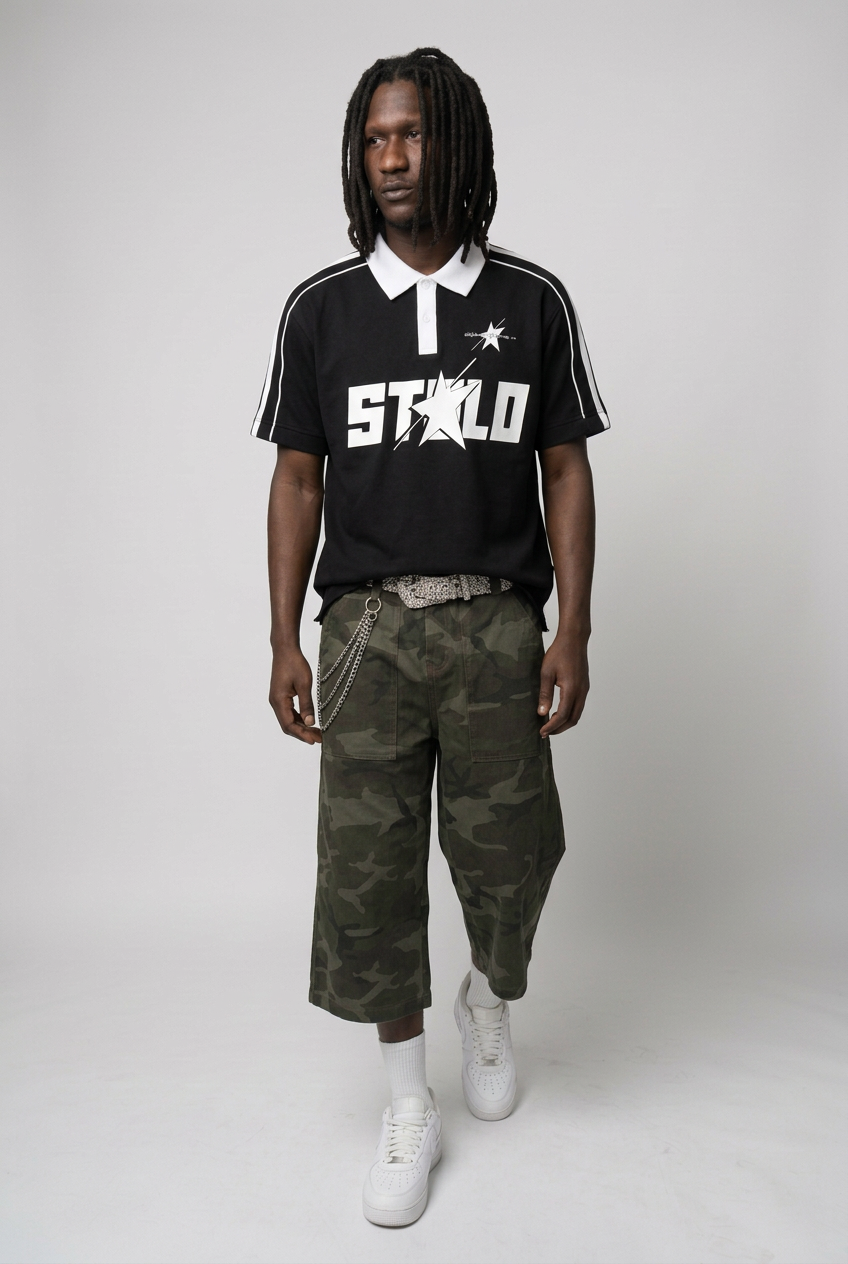 Contrast-collar polo walking pose